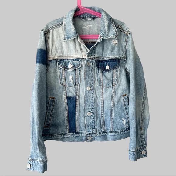 Kids Gap Asymmetrical Patchwork Distressed Jean Trucker Jacket - Picture 1 of 14